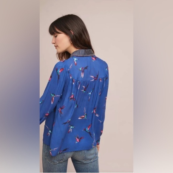 Anthropologie Ranna Gill Audubon Embroidered collared Blouse sequins hummingbird - Picture 2 of 13